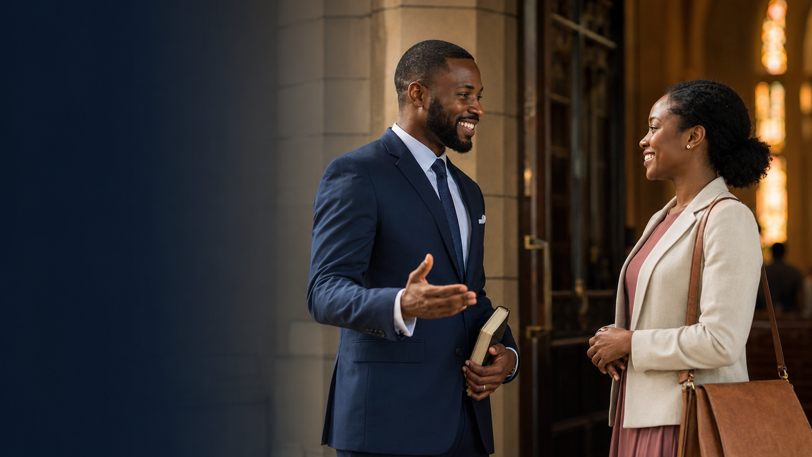 A Christian brother welcoming a sister to church with a Bible